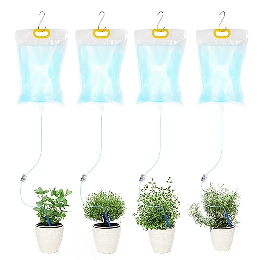 AHOUGER 4Pcs 3500ml Plant Life Drip Watering Bag with Adjustable Flow Automatic Plant Watering System Devices Waterer Spikes for Indoor Outdoor Potted Plant with 4Pcs Hooks