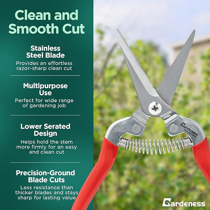Gardeness Pruning Shear Straight Pruning Snip with Stainless Steel Serrated Blade, Adjustable Joint Screw Micro Tip Garden Scissor for Arranging, Trimming, Harvesting Fruit, Vegetables, Made in Taiwan
