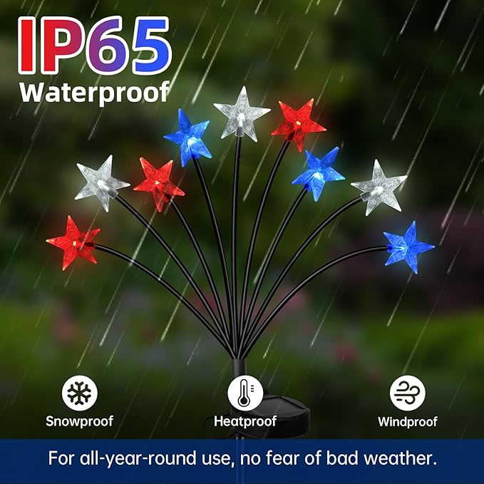4th of July Decorations Solar Garden Lights, Fourth of July Red White and Blue Light Solar Lights Outdoor, Waterproof Patriotic Decor with 9 LED 2 Lighting Modes for Independence Day, 2 Pack