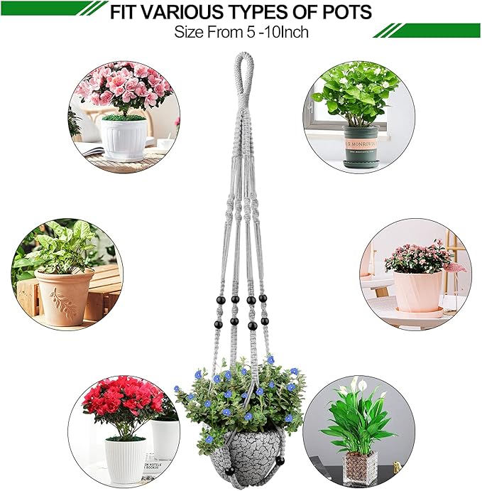 Macrame Plant Hanger for 5 to 10 Inch Plant Pots, Set of 2 Indoor Handmade 35 Inch Woven Rope Hanger Kits with Hooks and Wood Beads, Hanging Planter Basket Holder for Boho Home Decor (Grey, 2 Pack)
