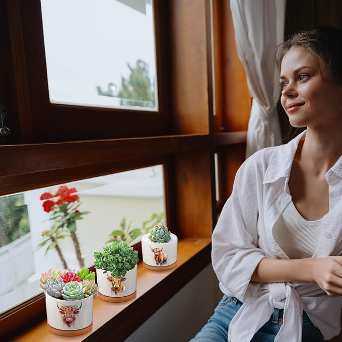 3 Pcs Highland Cow Decor Gift for Christmas Women Planter Ceramic Gift Animal Plant Pot with Bamboo Tray for Office Home Farm House Bathroom Kitchen Decorations (No Plants Included)