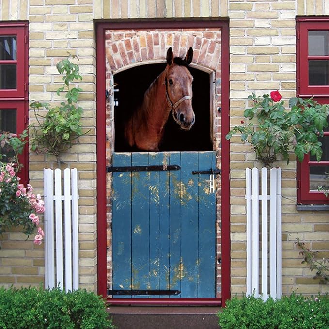 Horse 3D Door Stickers Murals - Peel & Stick - Waterproof & Washable - Matt Finish - Realistic Style - Brown Color - Animal Pattern - Removable PVC - Door & Wall - Adults - All Seasons