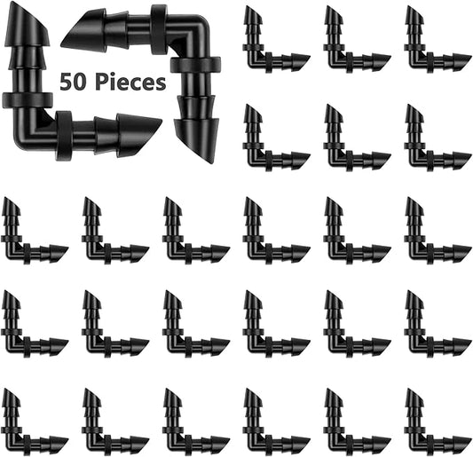 50 Pack 1/4 Inch Barbed Elbow Drip Irrigation Fittings, Barbed Drip Irrigation Connectors Fits Universal 1/4 Inch Drip Tubing, Irrigation Elbow for Drip or Sprinkler System(90 Degree Irrigation Elbow)