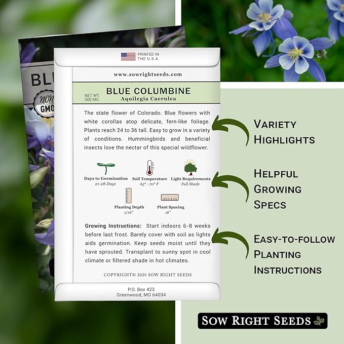 Sow Right Seeds - Blue Columbine Flower Seeds to Plant - Non-GMO Heirloom Packet With Instructions to Plant in Your Garden- Beautiful Perennial Flowers - Attract Hummingbirds, Bees and Butterflies (1)