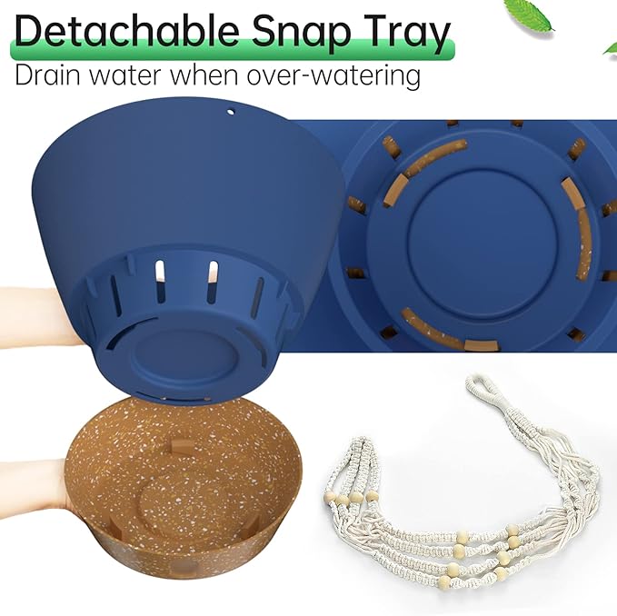 ZMTECH 2 Pack 8 Inch Blue Hanging Planters with Macrame Plant Hanger for Indoor and Outdoor Plants, Self Watering, Drainage Hole, Visible Level Tray