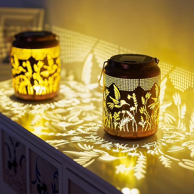 2 Pack Hummingbird Solar Lanterns Outdoor Waterproof LED 6.9" Metal Hanging Solar Lights Outdoor Hummingbird Decorative Lanterns for Patio,Garden,Pathway,Lawn Yard Birthday Gifts for Women Mom