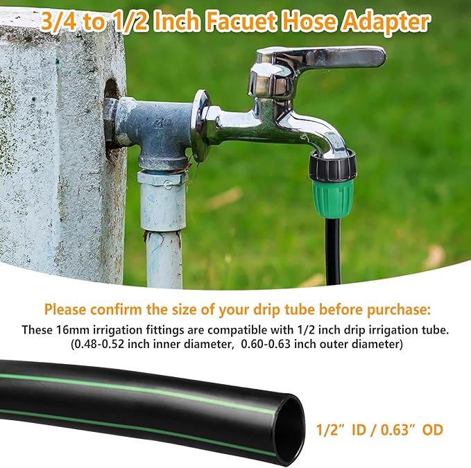 Drip Irrigation Fittings for 1/2 Inch Tubing, 24 Pcs Set 1/2" Drip Line Barbed Locked Nut Connectors - 5 Couplings, 4 Tees, 4 Reducing Tee, 4 End Cap, 3 Elbow, 2 Switch Valves, 2P 3/4" Faucet Adapters