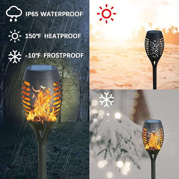 12Pack Solar Torch Lights with Flickering Flame Upgraded, Security&Waterproof Solar Lights Outdoor Landscape Decoration, Mini Solar Tiki Torches for Yard,Garden,Patio, Pathway Decor-Auto On/Off