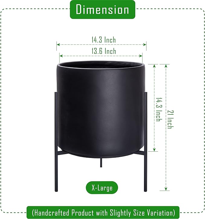 D'vine Dev Modern Black Plants Pot Cylinder Planter with Heavy Duty Stand, X-Large 14 Inch Pot, 19.6 Inch with Stand Height, 96-T-B-4