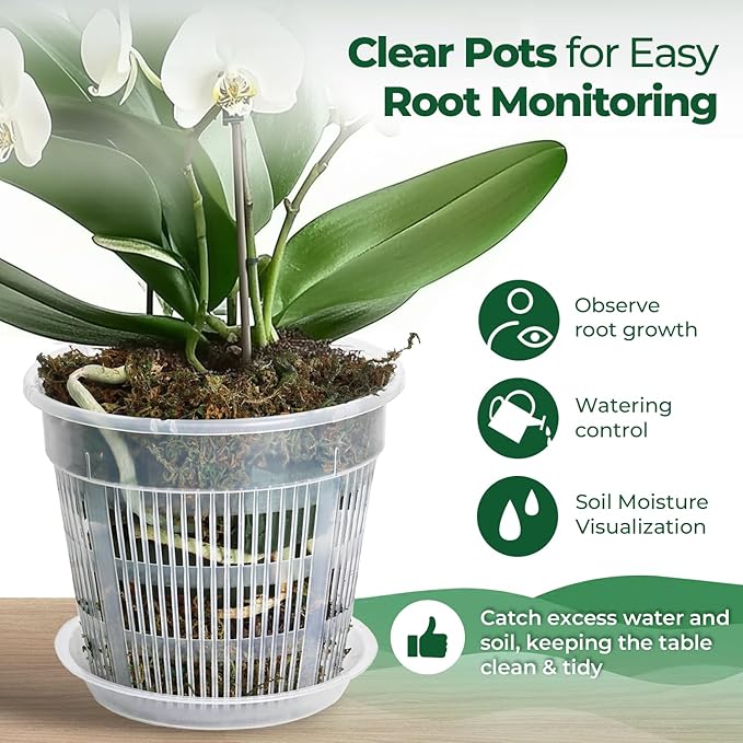 T4U Orchid Pot, 9 Pack Orchid Pots with Holes and Saucers for Repotting, 3 Each of 4.3, 5.5 and 6.3 Inch, Clear Plastic Flower Plant Pot for Indoor Outdoor Plants, Orchids Planter for Root Health