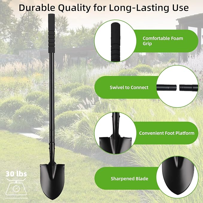 43.7Inches Spade Shovel Small Trench Shovel with Heavy Duty Steel Handle Garden Tools, Small Shovel for Digging Gardening Camping Yardwork Car Shovel, Black