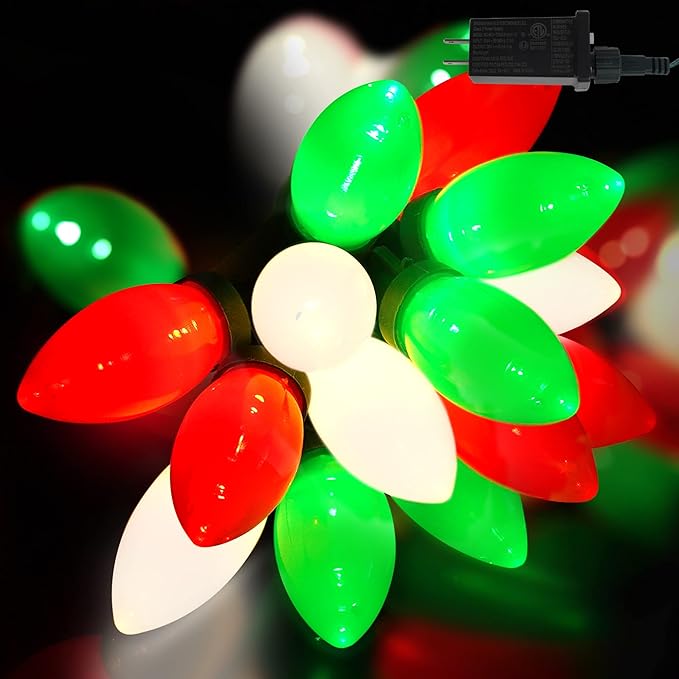 HAYATA C9 Bulbs Christmas Lights 50 LED 36ft Strawberry String Light Red&White&Green - Fairy Lighting for Outdoor, Indoor, Garden, Yard, Party, Home, Wreath, Garland, Christmas Tree Decorations