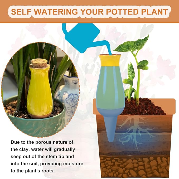 4 Packs Plant Watering Globes, Self Watering Planter Insert, Clay Plant Watering Devices, Self Watering Pots for Indoor Plants, Automatic Watering Bulbs Drip Irrigation Stake for 1 Week Easy to Refill