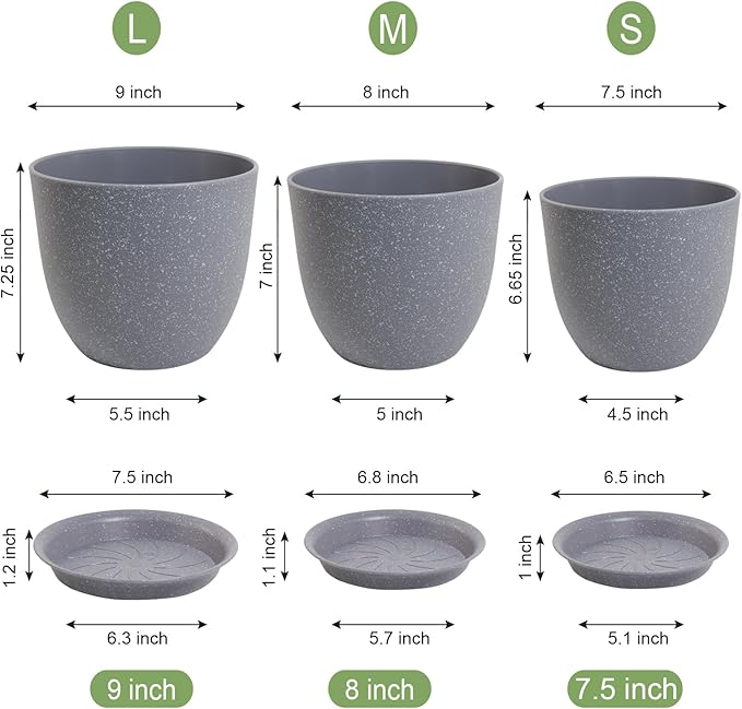 Flower Pots 9/8/7.5inch, Set of 3 Modern Decorative Plastic Planters with Drainage Holes and Saucers for Garden House Plants, Plant Pots for Indoor Outdoor Plants, Speckled Grey