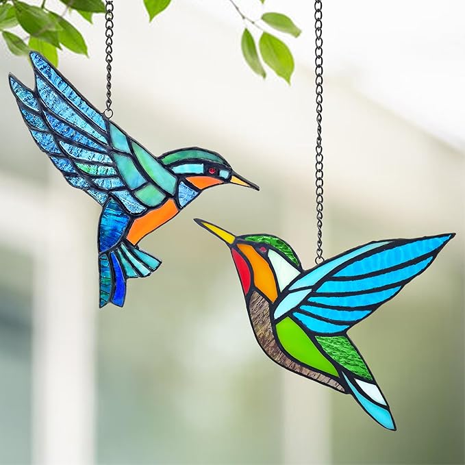 Royxen 2 Pack Hummingbird Stained Glass Window Hangings Handmade Bird Sun Catcher for Home Window