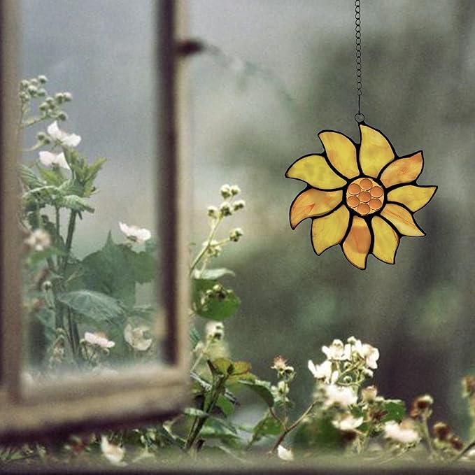 BOXCASA Farmhouse Summer Sunflower Stained Glass Window Hangings,Sunflower Lover Gifts for Women,Best Thank You Teacher Gift,Handmade Sunflower Art Decorations Gift for Mom Grandma Nana Aunt