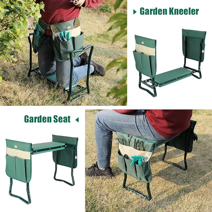 G GOOD GAIN Garden Kneeler Seat Gardening Stool Widen Soft Kneeling Pad with 2 Larger Tool Pouches Outdoor Foldable Sturdy Gardening Tools Gifts for Gardeners, Green