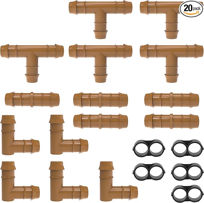 20-Pack USA Made - Drip Irrigation Brown Barbed Tee, Elbow, Coupling & End Cap Fittings Kit - Fits 1/2” Inch, 17mm .600” ID Drip Tubing (20 Piece Mixed Kit)