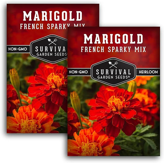 Survival Garden Seeds - French Sparky Marigold Seed for Planting - 3 Packs with Instructions to Plant and Grow Large Tagetes Patula Flowers in Your Home Vegetable Garden - Non-GMO Heirloom Variety