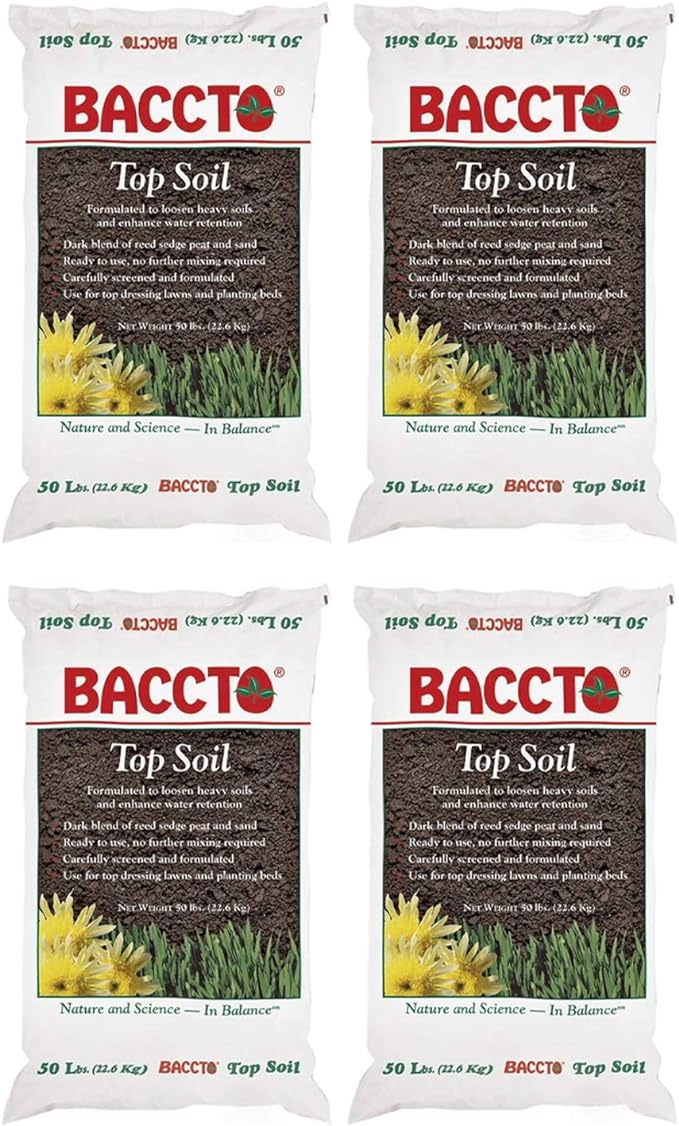 50 Pound Baccto Top Soil for Lawns, Gardens, and Raised Planting Beds with Reed Sedge, Peat, and Sand, (4 Pack)