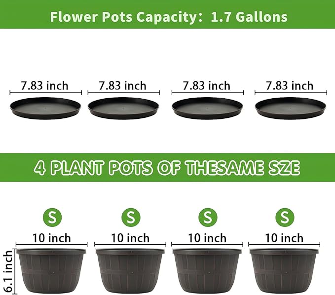 Quarut 10 inch Plastic Flower Pots for Indoor Plants，4 Pack Large Outdoor Planter Pot with Drainage Holes & Saucers，Imitation Wine Barrel Design，for Indoor Outdoor Garden Plants（Brown）
