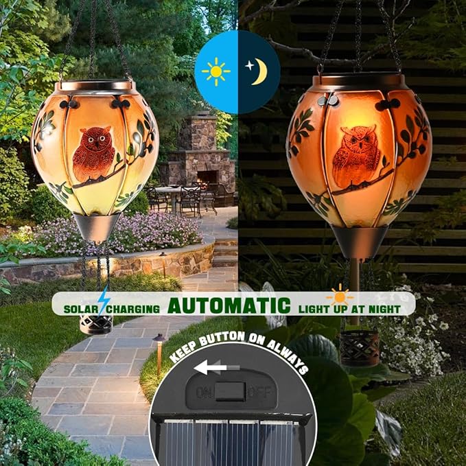 Hot Air Balloon Solar Lantern - Owl Bird Stained Glass Lantern with Simulated Flickering Flame, Outdoor Hanging Yard Light Waterproof IP65 & Weather Resistant for Patio Lawn Porch Decor Gfit