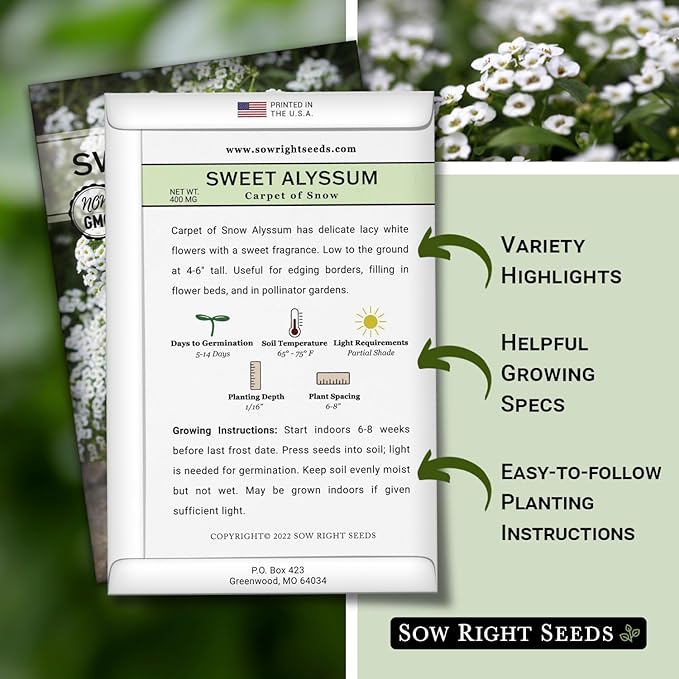 Sow Right Seeds - Sweet Alyssum White Carpet of Snow Flower Seeds for Planting - Non-GMO Heirloom Packet with Instructions to Plant in Your Garden - White Perennial - Groundcover with Blooms (2)