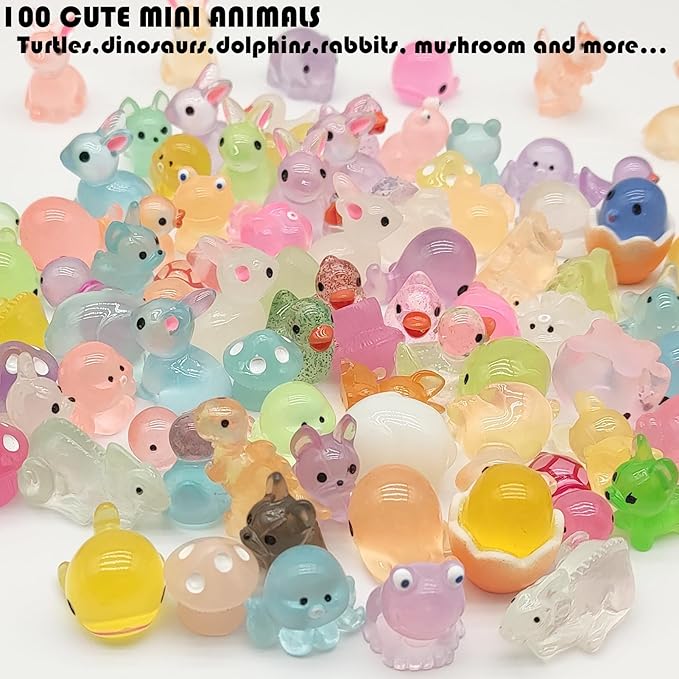Mini Resin Animals Figures to Hide 100Packs Luminous Tiny ducks Dinosaurs Miniature Figurines Glow in The Dark for Fairy Garden Dollhouse Micro Landscape Aquarium Potted Party Favor Decor (100)
