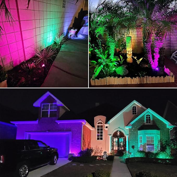 Landscape Lighting, 24W RGB Spot Lights Outdoor for Yard with Transformer & Remote 12 Colors and 19 Modes Outdoor Lights for House Lawn Tree Flag Garden Driveway Backyard Fence Plant, 4 Pack