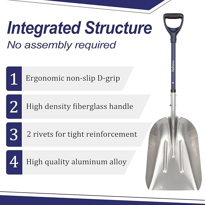 Aluminum Snow Shovel for Driveway, Large Capacity Snow Shovel for Snow Removal, Metal Snow Shovel with Fiberglass D-Handle, 45 Inches
