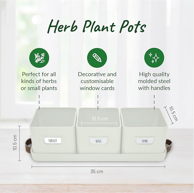 Herb Planter Indoor - Set of 3 Warmstone Indoor Herb Garden Pots for Plants with Leather Handled Tray - Window Sill Plant Shelf - Herb Pots with Drainage Holes and Labels