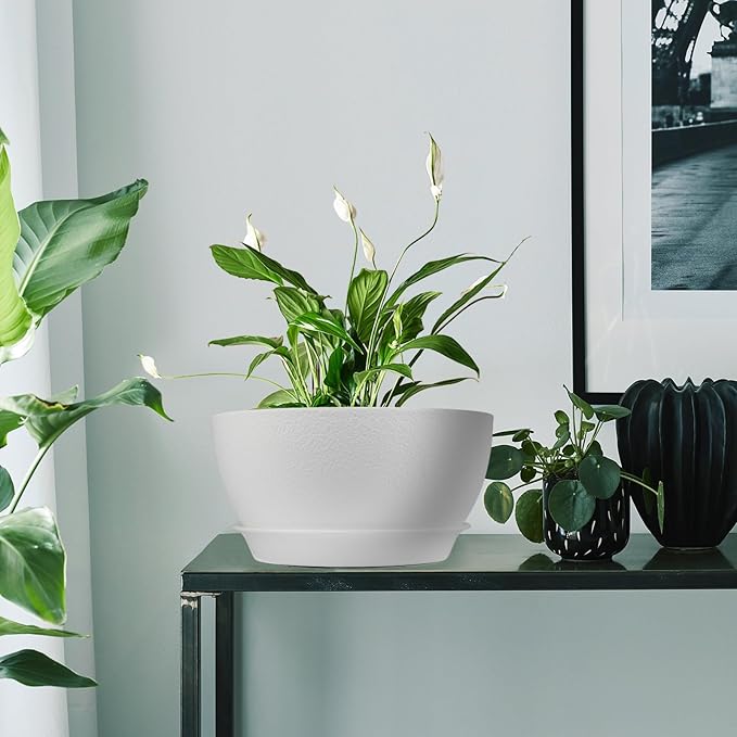 12 inch Plant Pots Pack of 2, Plastic Planter with Drainage Holes and Saucers, Plant pots for Indoor Outdoor Use, Flower Pots for All House Plants (White)