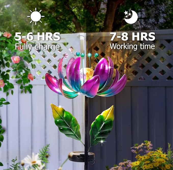 Huaxu Solar Outdoor Lights 35.4In Garden Decor Flower Wind Spinners,Waterproof LED Crackle Glass Globe Purple Lotus Art Metal Stake for Lawn Patio Pathway Yard Porch Driveway Decorations Gift