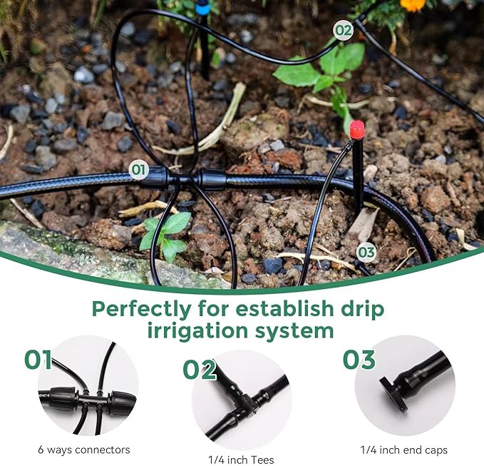 100FT 1/4 inch Drip Irrigation Tubing Distribution Hose Tube for Garden Irrigation System (Includes 1 pack 6-Way Connector and 20pcs 1/4" Tee Splitters and End Plugs)