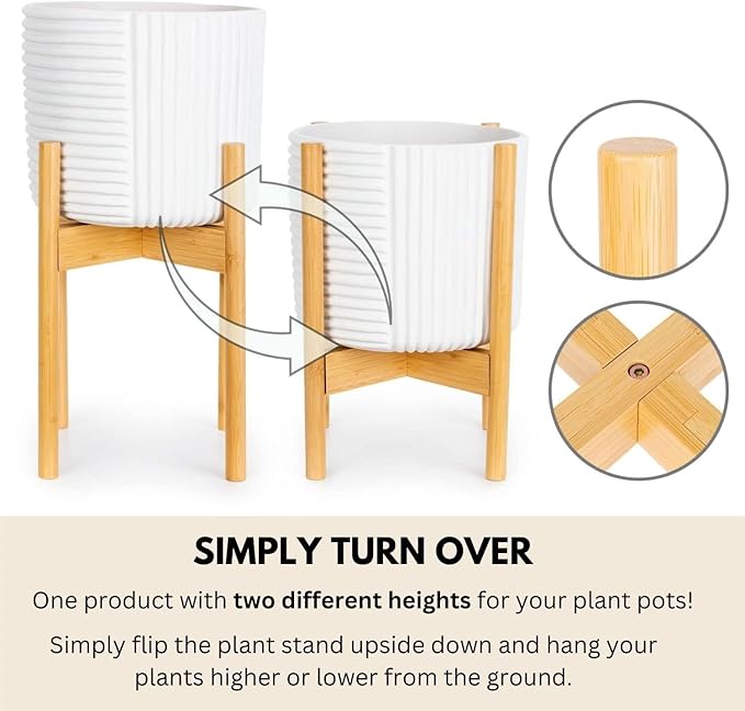 Fox & Fern Large Adjustable Plant Stand Indoor — 11 to 15 Inch Mid Century Bamboo Plant Stand; Plug In Design; Easy to Assemble; Two Height Options - For 11, 12, 13, 14 & 15 Inch Pots (Not Included)
