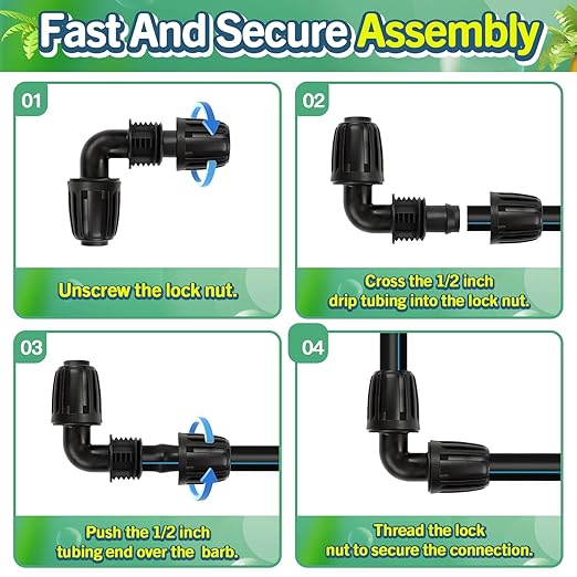 12 Pack Drip Irrigation Elbow Fittings for 1/2 Inch Drip Tubing(1/2" ID x 0.65" OD), Anti-drop Barbed 1/2'' Drip Line 90 Degree Elbow Connectors with Locked Nut for Garden Irrigation System