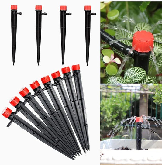 50pcs Drip Emitters for 1/4" Drip Irrigation Tubing, Adjustable 360 Degree Water Flow Drippers on 5" Arrow Stake, Garden Irrigation Drippers for (4-7mm) Watering System