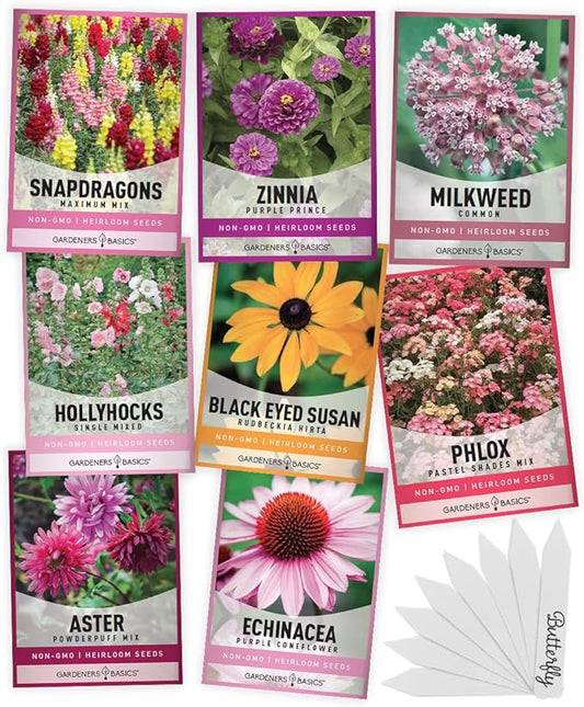 Gardeners Basics, Butterfly Seeds for Planting Outdoors Flower Seeds (8 Variety Pack) Milkweed, Aster, Zinnia, Hollyhock, Snapdragons, Echinacea, Phlox, Black Eyed Susan Pollinators Wildflower Seed