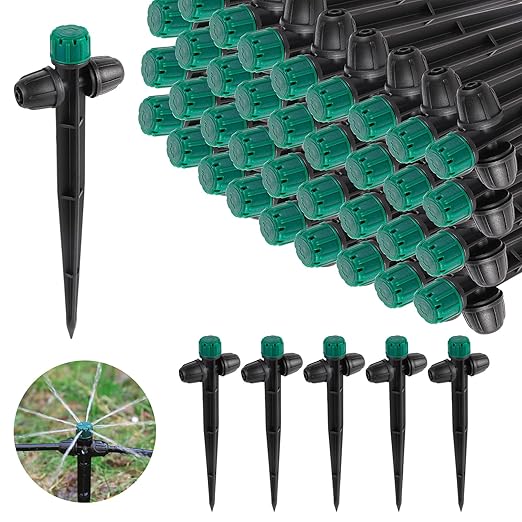 Anti-Drop Drip Irrigation Emitters for 1/4" Irrigation Tubing,Double Hole Design Adjustable 360 Degree Drip Emitters on 6.5" Stake for Garden Irrigation Watering System(25pc-Green drip)