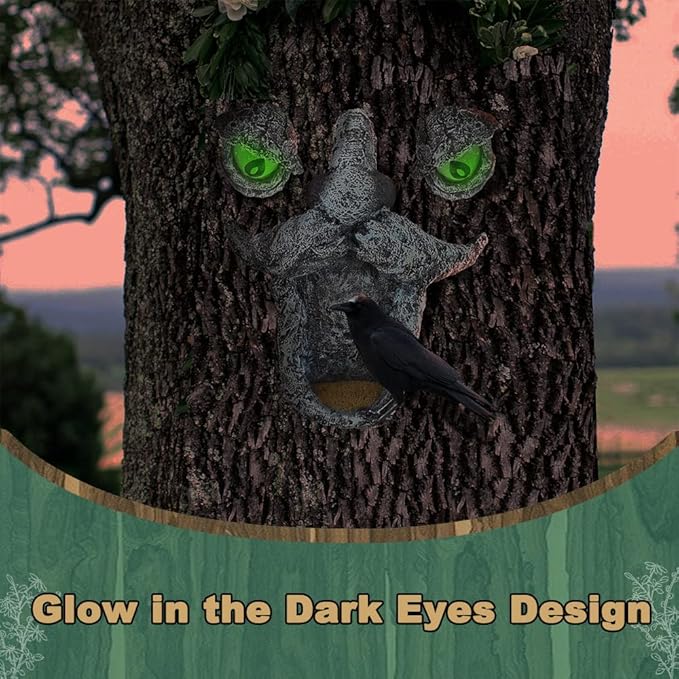 Tree Face Bird Feeder,Tree Faces Decor Outdoor,Old Man with Glowing Eyes in Dark,Wild Bird Feeder,Tree Yard Art Sculpture,Whimsical Garden Spring Decor