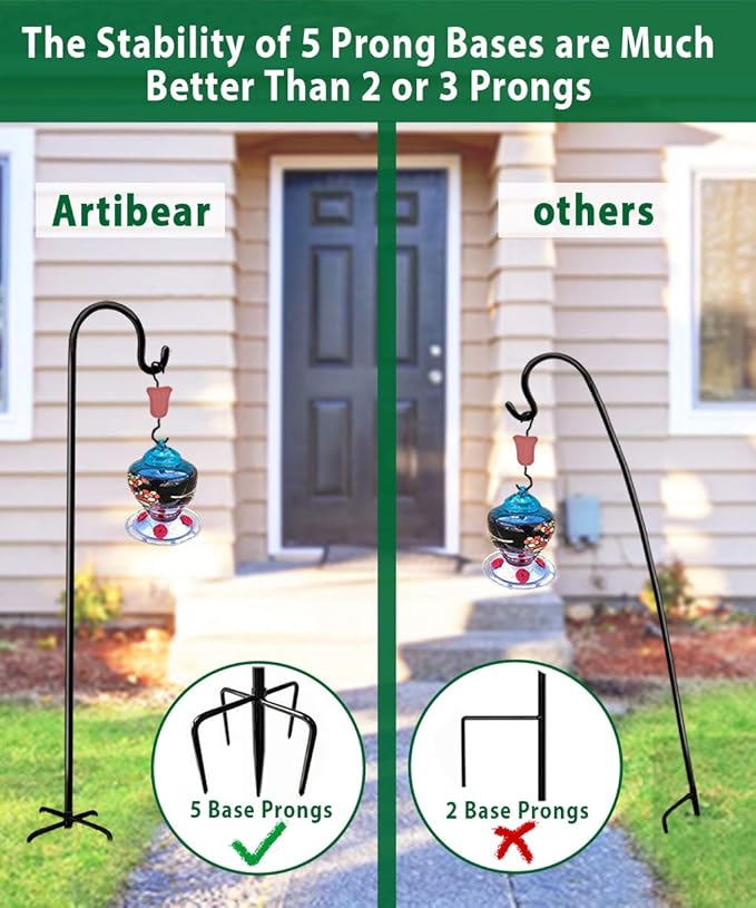 Artibear Adjustable Outdoor Shepherd Hook Stand with 5 Prong Base, 92 Inches Tall 3/5 in Thick, Shiny Black (1 Packs)