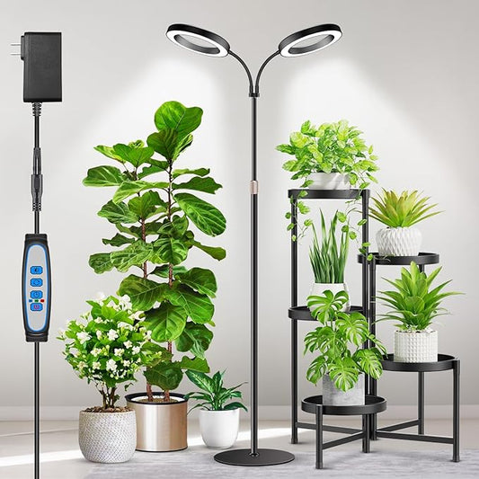 Large Plant Light for Indoor Plants, 2 Head Full Spectrum Grow Light with 68" Adjustable Stand for Growing Large Tall Plants, Black Halo Floor LED Grow Lamp with 16 Hour Timer