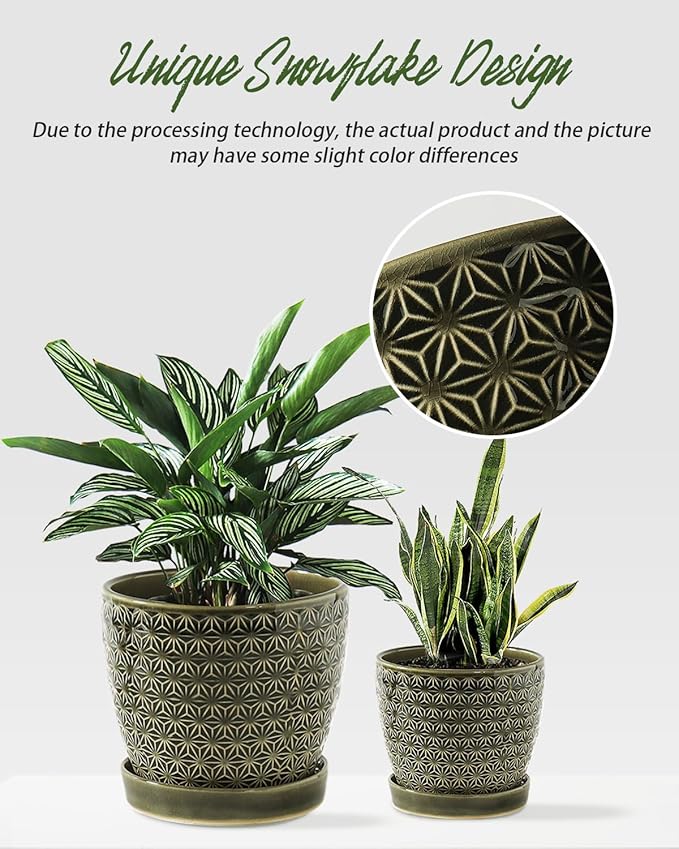 Plant Pots, Flower Pots, Planters for Indoor Plants(6.5+5.5inch), Flower Pots for Indoor Plants with Drainage Hole and Saucer, Ceramic Pots for Plants with Hole Mesh Pad,Reactive Glaze Green