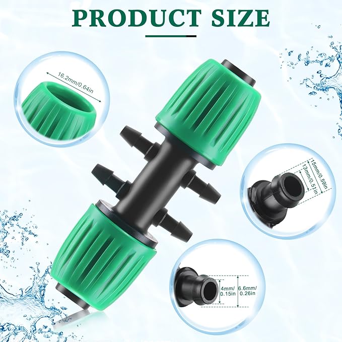 32 Pcs Barbed Tee 1/2 Inch to 1/4 Inch Irrigation Tube Irrigation Diverter Drip Tape Adapter (0.6-0.63 OD) 16mm PE Pipe Lock Female Connector to 47 Pipe Variable Diameter Six-Way Adapter