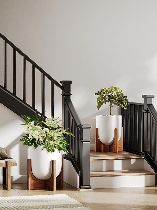 LE TAUCI 12 Inch Pots for Plants with Acacia Wood Stand, Ceramic Large Planters for Indoor Plants, Indoor Plant Pots for Office Living Room, Cylinder Pots for Plants with Drainage Hole and Plug, White