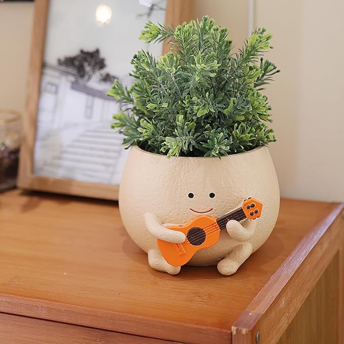 Face Planter Pots for Indoor Plants Cute Guitar Plant Pot, Smiley Face Flower Pots Succulents Planter Gift Ideal for Mother and Christmas (L)