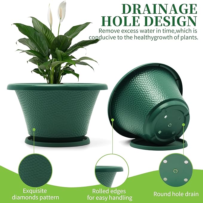 Quarut 12 Inch Plant Pot,4 Pack Large pots for Plants,Flower Pots with Drainage Hole & Saucer,Modern Planters for Indoor Outdoor Plants,Decorative Resin Garden Pots,Green