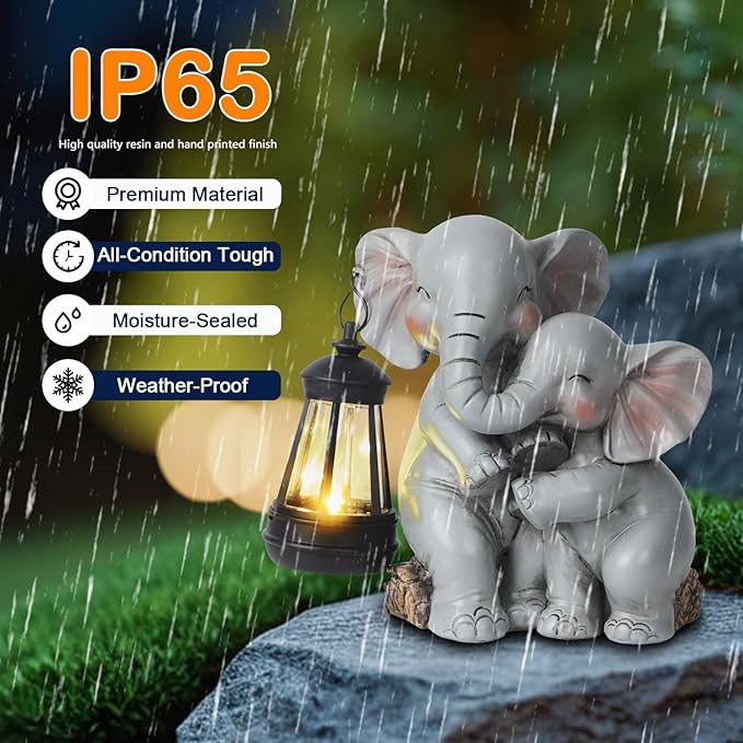 Solar Garden Decor - Mother Baby Elephant Statue with Solar Lantern 7" Resin Elephant Figurines Outdoor Yard Porch Lawn Patio Decor Housewarming Birthday Gift for Mom Grandma Women