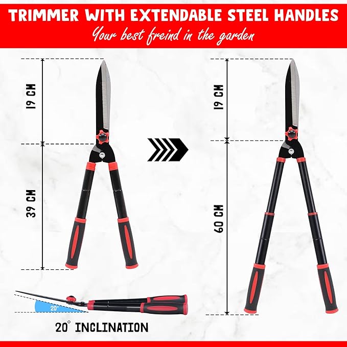 Hedge Shear 15’’-24’’ Extendable Manual Trimmer - Durable Garden Shears for Bushes & Shrubs - Heavy-Duty Gardening Tool for Precise Trimming, Yard Tools for Gardening, Red/Black