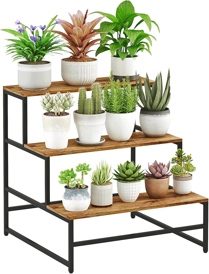 23.6" Wide Plant Stand Indoor, 3-Tier Modern Plant Ladder Shelf Corner Flower Pot Holder Organizer for Living Room Balcony Garden, Rustic Brown